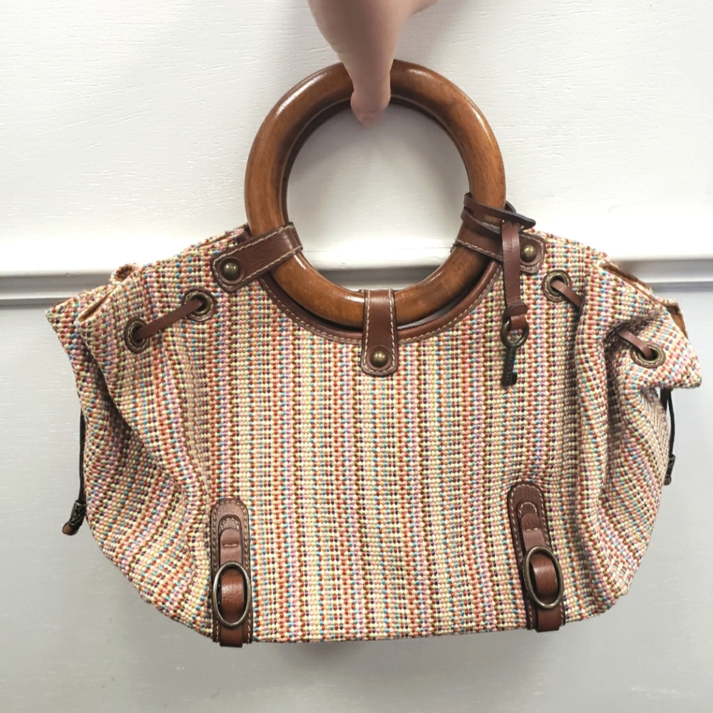 Fossil Woven Multicolored Wood Handle Bag